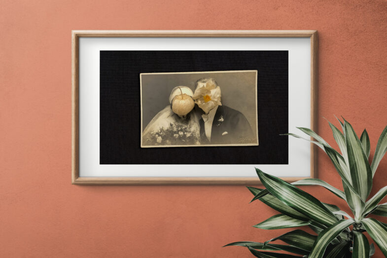 artistic image. A 1920's wedding photo is transformed by having the bride and groom heads covered with physalis berry. 